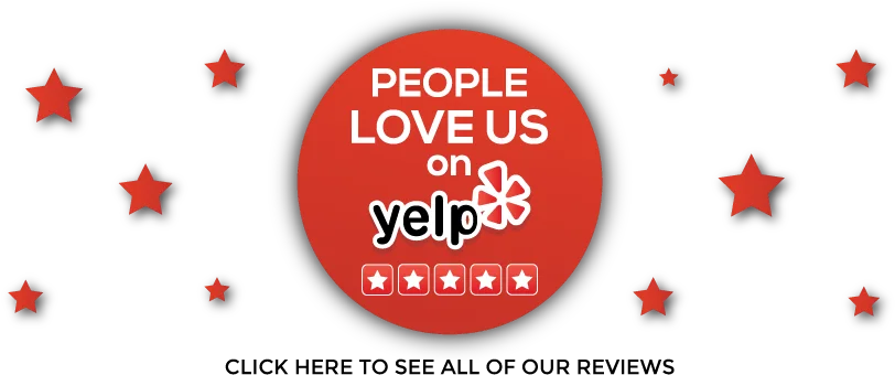 Red circular badge displaying five stars and Yelp logo with text 'People Love Us on Yelp' surrounded by decorative stars