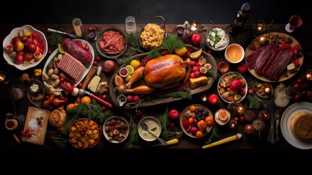 Overhead view of an elaborate charcuterie and roasted meat spread with fresh fruits, vegetables, cheese, and various prepared dishes on a dark surface