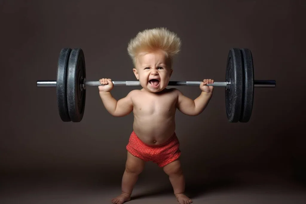 Toddler with blonde hair lifting a weighted barbell with black weight plates while standing against a brown background