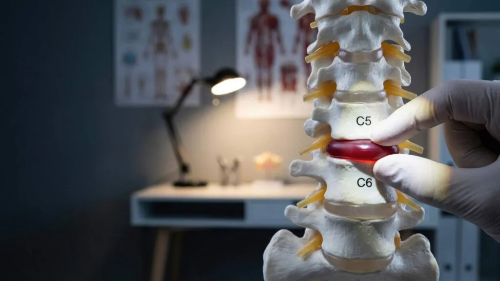 Healthcare professional holding a cervical spine model showing C5 and C6 vertebrae with a red intervertebral disc in a clinical setting