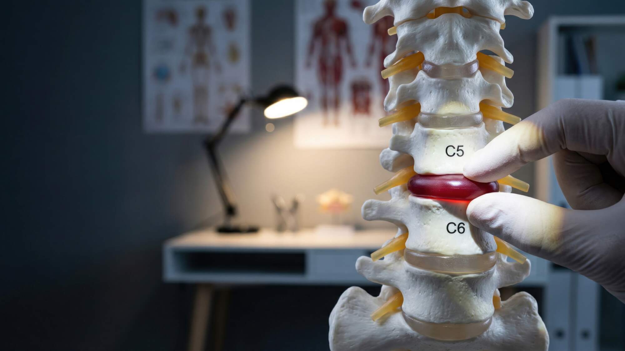 Healthcare professional holding a cervical spine model showing C5 and C6 vertebrae with a red intervertebral disc in a clinical setting