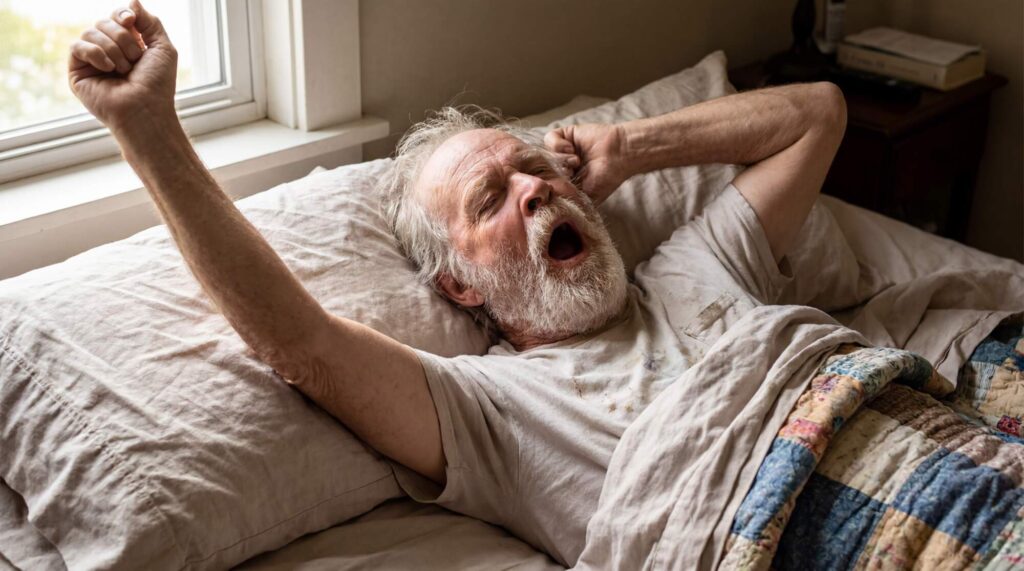 Older man stretching in bed after waking up, yawning with arm raised above head