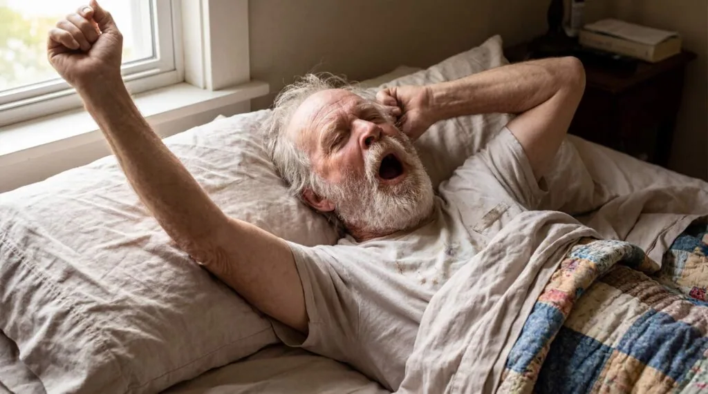 Older man stretching in bed after waking up, yawning with arm raised above head